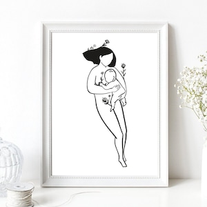 Din A4 Kunstdruck ohne Rahmen - Liegende Mutter mit Baby - Mutterglück Schwangerschaft Neugeborenes Mutterschaft Mutterliebe Hebamme Poster