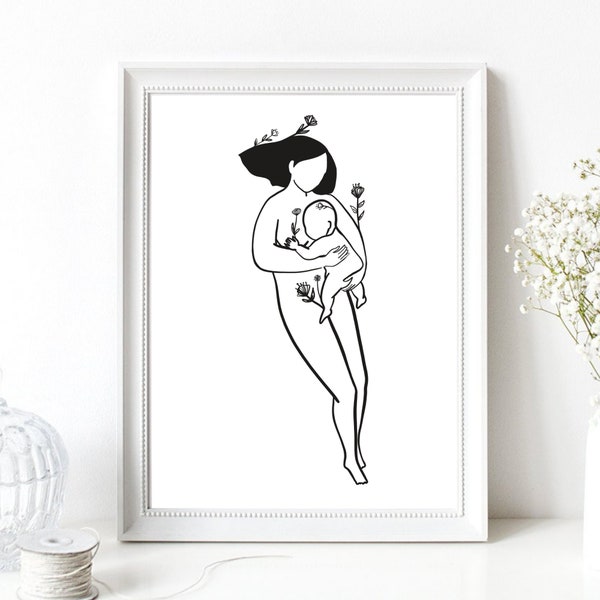 Din A4 Kunstdruck ohne Rahmen - Liegende Mutter mit Baby - Mutterglück Schwangerschaft Neugeborenes Mutterschaft Mutterliebe Hebamme Poster