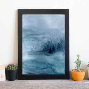 Din A4 Kunstdruck ohne Rahmen - Landschaft mit Tannenwald bei Nacht - Wald Blau Wälder Tanne Aquarell Druck Poster Bild