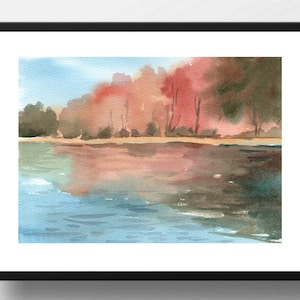 Impressão artística Din A4 sem moldura - aquarela: paisagem do lago no outono - lago natureza floresta - romance paz relaxamento impressão imagem de pôster