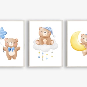 Din A4 Kunstdruck 3er Set ohne Rahmen - Bär - Süße Bären - Kinderzimmer Babyzimmer Nursery Baby Blau Junge - Druck Poster Bild