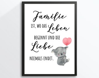 Din A4 Kunstdruck ohne Rahmen - Spruch - Familie ist, wo das Leben beginnt - Familie Liebe Glück Zuhause Family Bild Poster Geschenk