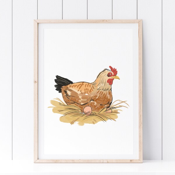 Din A4 Kunstdruck ohne Rahmen - Huhn auf Eiern - Henne Legehenne Nest Bauernhof - Aquarell Poster Druck Bild