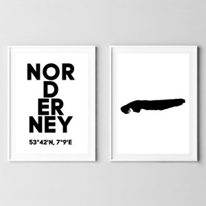 Din A4 Kunstdruck ohne Rahmen 2er Set - Norderney  Koordinaten Insel Nordsee Silhouette Druck Poster Bild