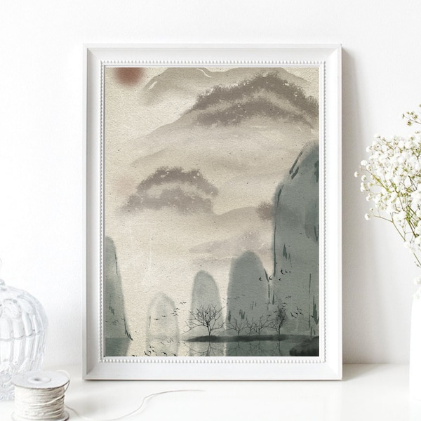 Din A4 Kunstdruck ohne Rahmen - Asiatische Landschaft mit Felsen - Berge Meer - Asia Style - Asien - Feng Shui - Poster Bild Deko