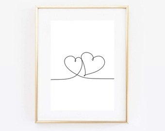 Kunstdruck Din A4 ohne Rahmen - Zwei Herzen - Liebe Paar Glück Herz Paar Zeichnung Minimalismus Linien Moderne Kunst Poster Bild