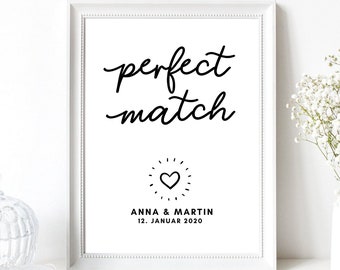 Din A4 Kunstdruck ohne Rahmen - Perfect Match - Personalisiert Geschenk Paare Pärchen Brautpaar Jahrestag Verlobung Liebe Valentinstag