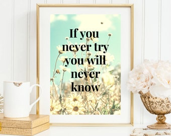 Din A4 Kunstdruck ungerahmt Spruch If you never try, you will never know - Fotokunst Motivation Typographie Zitat  Bild Poster Geschenk