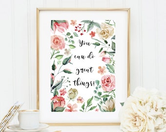 Din A4 Kunstdruck ungerahmt Spruch - you can do great things -  Motivation, Zitat, Natur Blumenkranz Aquarell Romantik Bild Poster Geschenk