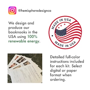 May include: Image shows the Instagram logo and the handle "@hemispheredesignco." Text states booknooks are designed and produced in the USA using renewable energy. A "Made in USA" emblem is shown. Detailed instructions are included.