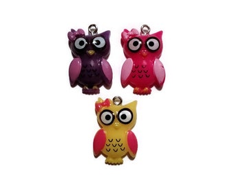 3 Owl Charms, Owl Pendants, Acrylic Charms, Jewellery Making, Jewellery Supplies, Kawaii, Owls, Pink, Purple, Yellow