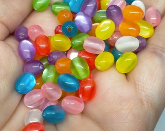 Oval acrylic beads, 8mm beads, oval beads, rainbow beads, mixed beads, assorted colours, 6mm beads, cylinder beads