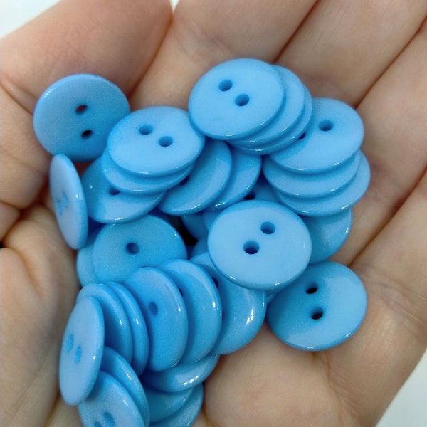 Blue buttons, small buttons, round buttons, sewing buttons, buttons, 2 hole buttons, 15mm buttons, baby blue