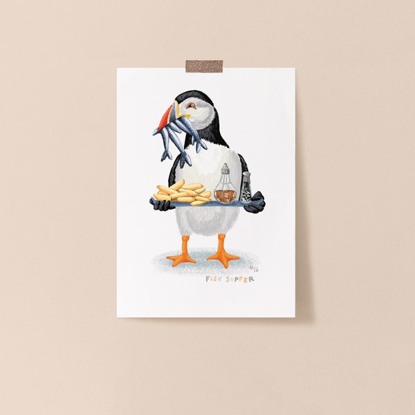 Puffin Fish Supper Illustrated Print
