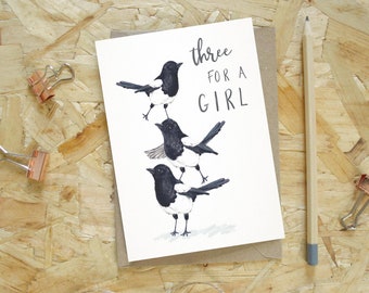 Magpie Three for a Girl New Born Card