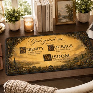 May include: A rectangular desk mat featuring a sepia-toned landscape background with an ornate black border. The text reads: God, grant me SERENITY To accept the things I cannot change, COURAGE To change the things I can, WISDOM To know the difference.