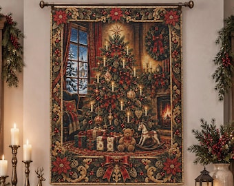 May include: A rectangular wall tapestry featuring a detailed Christmas scene with a decorated tree, wrapped gifts, a teddy bear, and a rocking horse. The border is adorned with red poinsettias, green holly leaves, and pinecones.