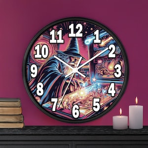 May include: A black clock with a wizard playing pinball. The clock face has a wizard with a long beard and a pointed hat. The pinball machine is in the background. The numbers on the clock face are in white.
