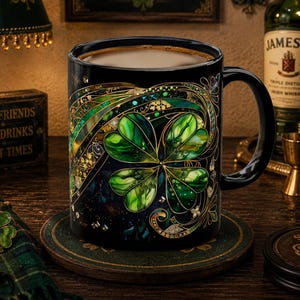 May include: A black ceramic mug featuring a vibrant, stained-glass style four-leaf clover design in shades of green and gold. The artwork includes intricate swirling patterns, metallic gold accents, and small sparkling details against a dark background.
