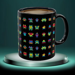 Retro Arcade Ceramic Mug #1 (11 oz or 15 oz) - Pixel Alien Coffee Cup, 80s Video Game Mug, Vintage Gamer Gift, Nostalgic Mug, Geek Mug