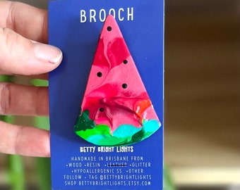 Watermelon brooch made from hand painted wood. 304 Stainless steel bar back pin. Kitschy design! Fruity pink fun! Broochie gift idea.