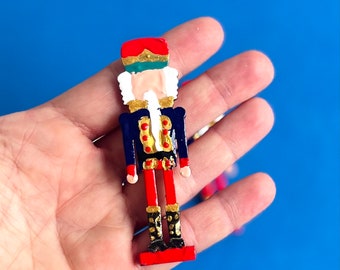 Nutcracker brooch! One-off hand painted wood, bar back pin, midi size, textured gloss finish. End of year teacher Christmas gift idea.