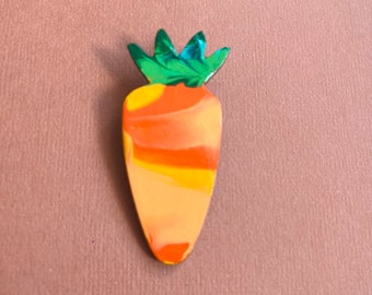 Carrot brooch made from hand painted wood. Veggie design with bar back pin. Midi size, food lover broochie present. Green thumb garden!