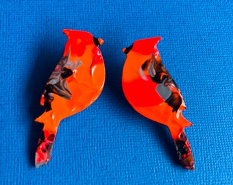 Cardinal bird midi stud earrings. Lightweight medium statement animal studs, bright orange red grey, hand painted, stainless steel post.