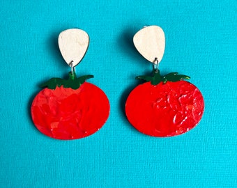 CLIP ON Tomato stud drop earrings! Hand painted vegetable wood design, midi dangle size, glitter resin reverse. Healthy fun teacher.