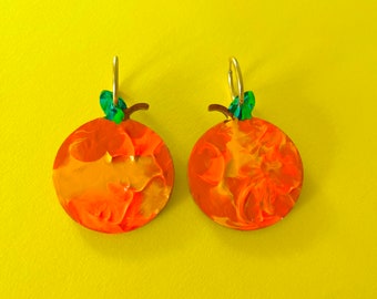 Orange wood midi hoop earrings! Hand painted, stainless steel huggie, glitter resin back, lightweight. Fruit, summer bright midi drops.