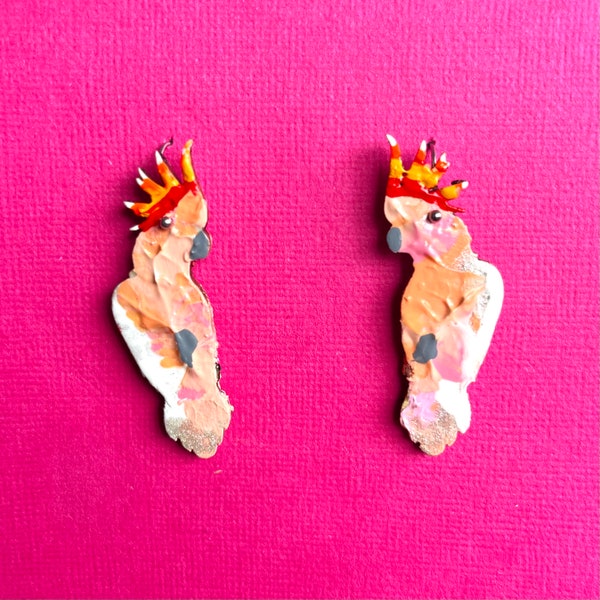 Pink cockatoo dangles! Hand painted wood earrings, stainless steel earwire, drop style bird  design. Major Mitchell Australiana animal gift