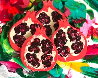 Pomegranate brooch - hand painted wood. Midi size, textured 3D finish, pin bar back, glitter resin backing. Juicy summer fruit nature gift!