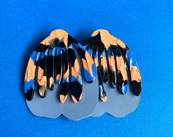 Statement wood floral lightweight stud earrings hand painted, leather. Flower studs, hypoallergenic posts, floral garden. Blue. Black.