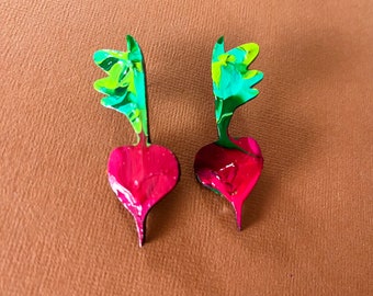 Radish studs! Beetroot hand painted wood vegetable earrings. Medium style, garden veggies, lightweight food accessory!