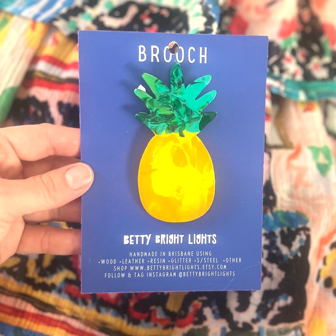 Pineapple Brooch Textured Hand Painted Wood, 304 Stainless Steel Bar