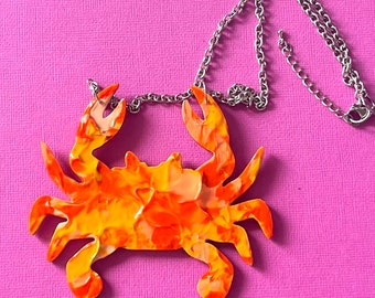 Crab necklace! Textured orange hand painted wood, stainless steel chain parts, glitter resin back. Lightweight bold ocean fish, one off.