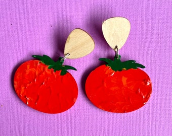 Tomato stud drop earrings! Hand painted vegetable wood design, midi dangle size, glitter resin reverse. Healthy fun teacher garden gift.