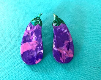Eggplant studs midi hand painted purple vegetable  wood earrings by Betty Bright Lights. Medium style. Food, garden, lightweight. Glitter