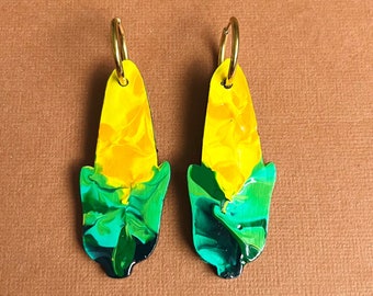 Huggy hoop corn earrings! Medium drop dangle style, hypoallergenic gold tone hoops, bright painted vegetable food garden crop healthy design