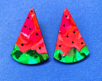 Midi Watermelon painted wood fruity stud earrings, stainless steel hypoallergenic posts by Betty Bright Lights. Made in Brisbane!