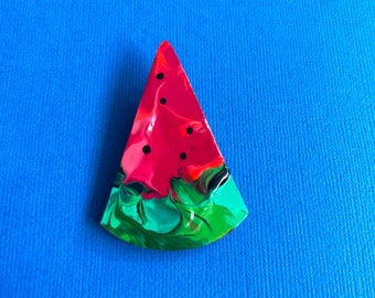 Watermelon brooch made from hand painted wood. 304 Stainless steel bar back pin. Kitschy design! Fruity pink fun! Broochie gift idea.