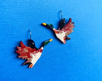 Mallard duck dangle earrings! Hand painted wood, hypoallergenic ear wires. Statement farm bird drop style, animal wings teacher small gift.