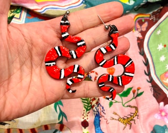 Dangle exotic Milk Snake drop earrings. Hand painted wood, midi size, red white stripe. Medium animal accessory, ball stud, reptile gift.