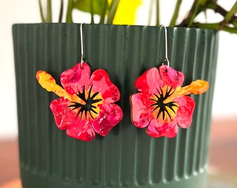 Hibiscus drop wood earrings hand painted dangle style, stainless steel ear wires, garden flower lover! Tropical holiday summer midi design.