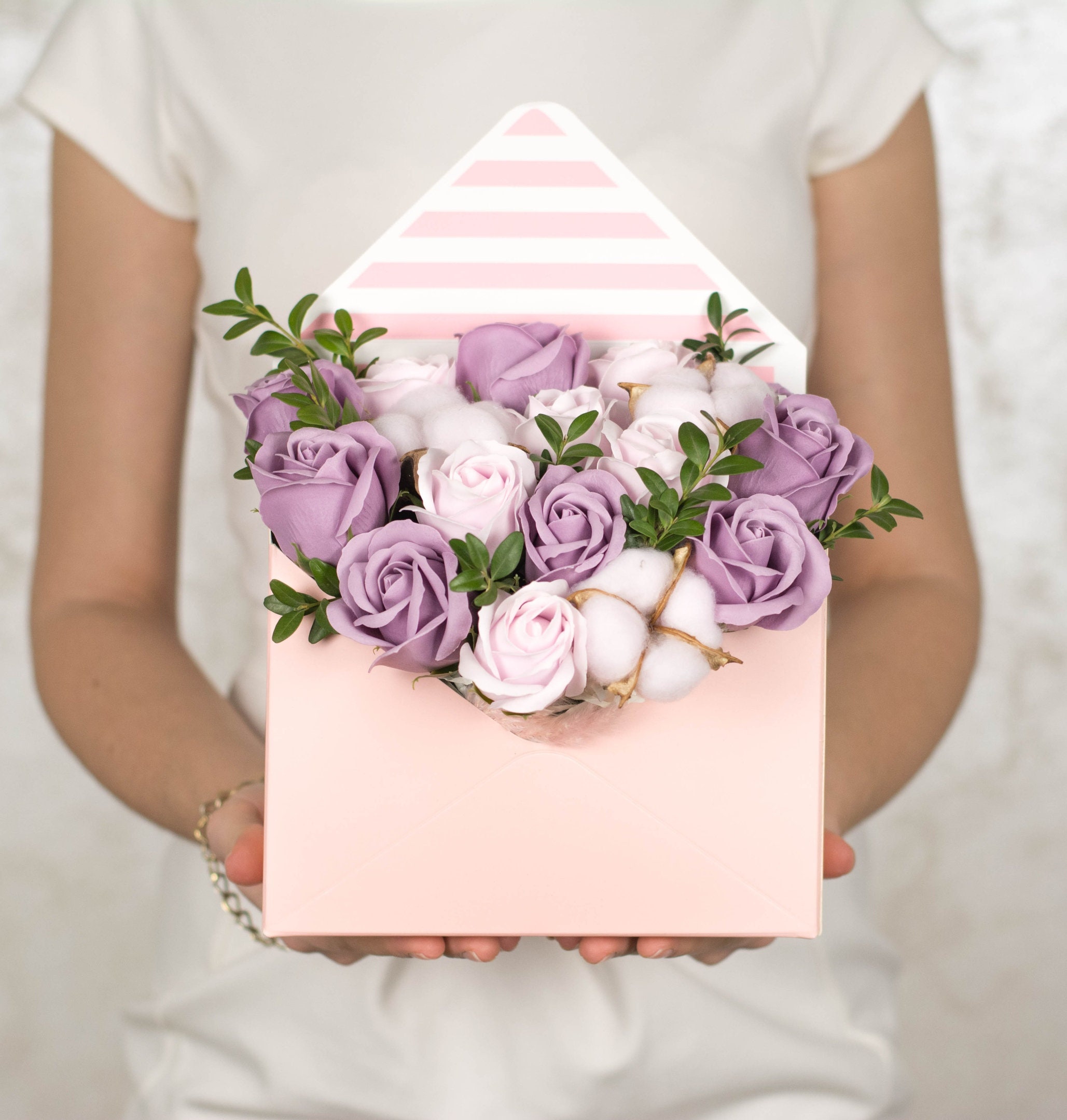 purple rose bear with box