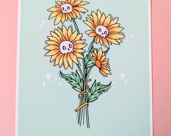 Spooky Skull Sunflower Art Print | Pastel Goth Floral Decor | (A4 & A5)