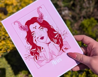 Lámina artística del zodiaco Aries: Gótica pastel celestial, bruja / Regalo astrológico / (A5 y A4)