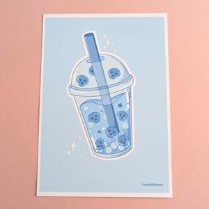 Blauwe schedels bubbeltheeprint - griezelige schattige kawaii boba | Goth-muurkunst pastelkleur | A5 en A4-afdruk