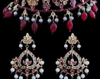 C3 Himah Ruby Choker Necklace Set | Indian Bridal Jewelry | Gold Plated Hyderabadi Choker with Earrings | Red Stone Wedding Necklace