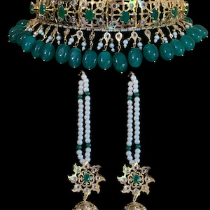 C110 Hyderabadi jadavi lacha in green beads | hyderabadi gold plated choker | Indian gold plated jewellery | pearl choker | ethnic jewelry